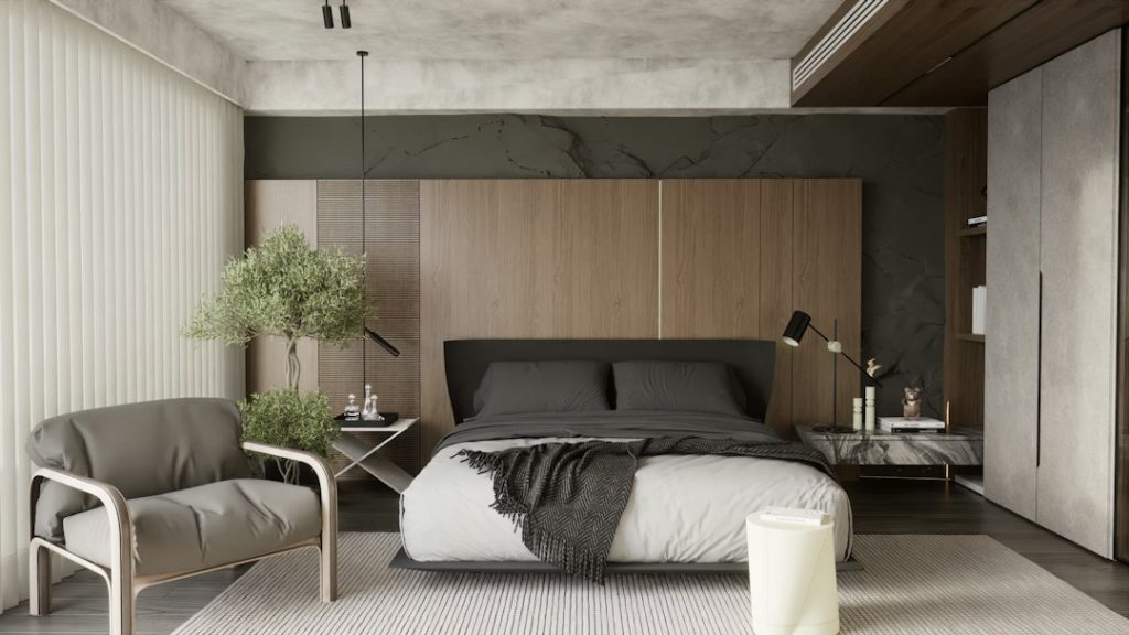 Modern bedroom with a bed, bedside lighting, and coordinated finishes